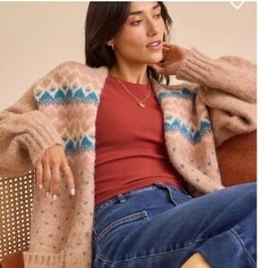 Altar'd State Tan and Blue Geometric Cardigan